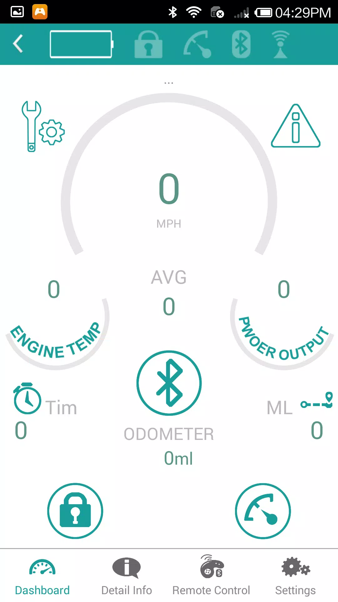 Ninedroid app dashboard screen showing speed, odometer, battery and engine temperature gauges
