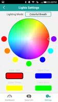Ninedroid app lighting settings screen with color wheel for LED customization