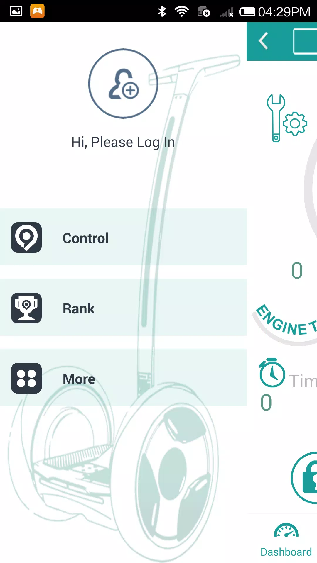 Ninedroid app home menu with Control, Rank and More options